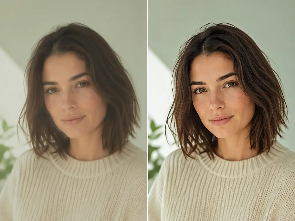 AI image enhancer sharpening a soft, slightly blurred photo into a clear, detailed image
