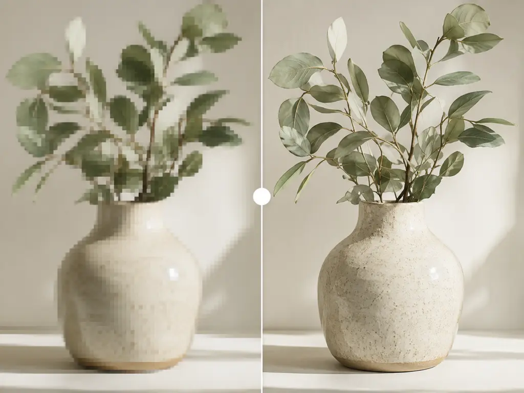AI image upscaler enlarging a photo to 8K with rebuilt real detail, shown as a crisp before-and-after
