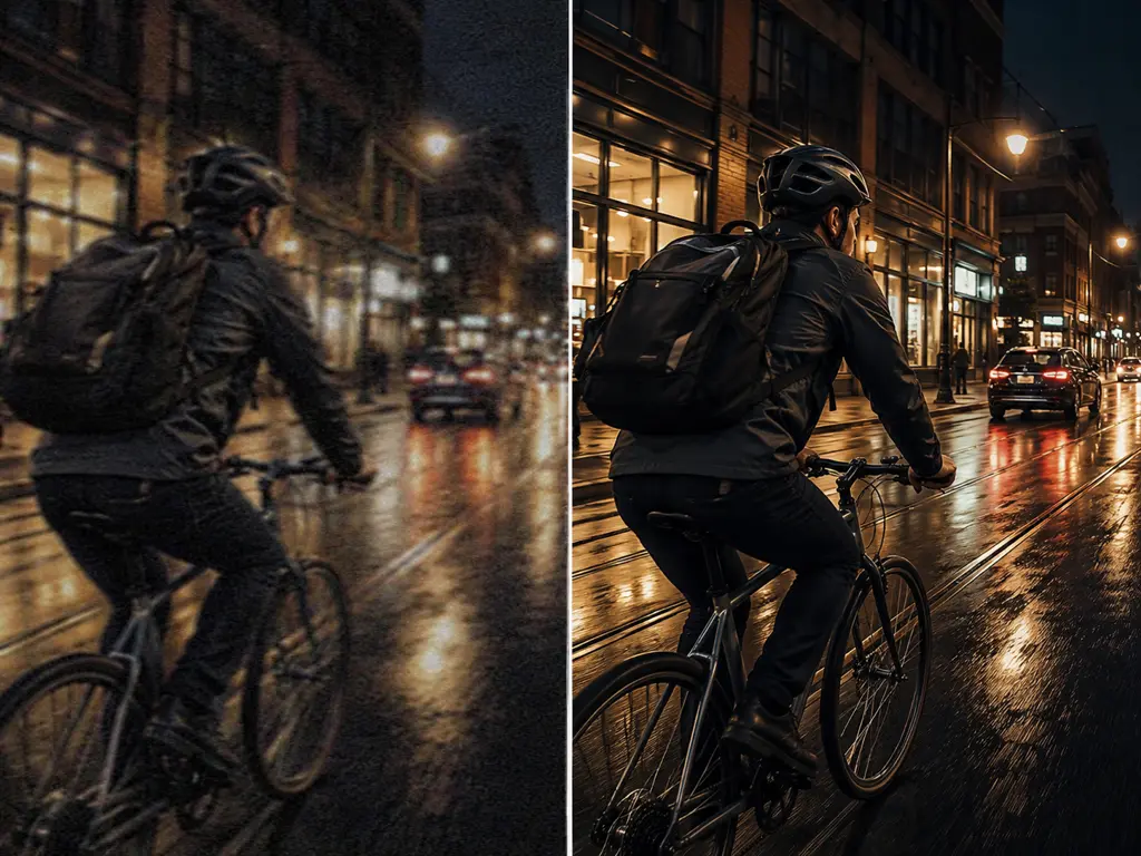AI video upscaler before-and-after: grainy 720p footage enhanced to clean, smooth 4K