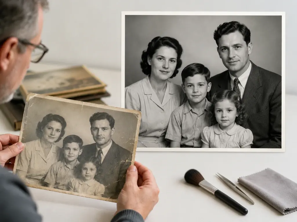 Shoebox of faded family prints beside a laptop showing a repaired scanned portrait