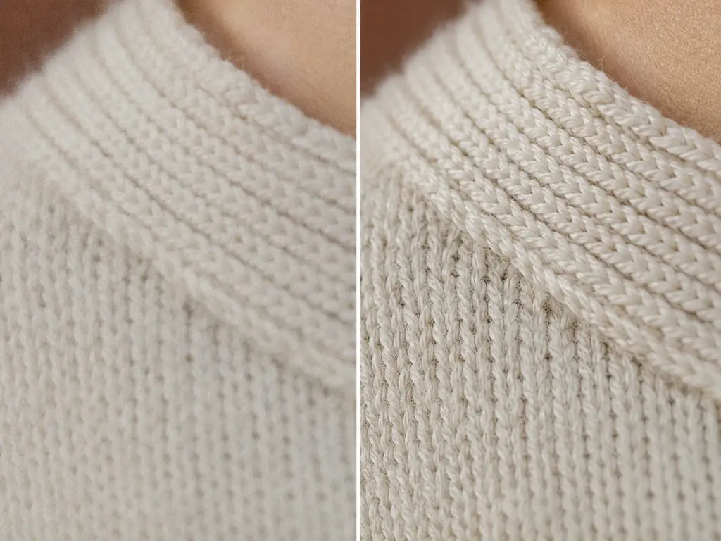 Close crop of a wool sweater and leaf, noisy version left, rebuilt fibers and veins right