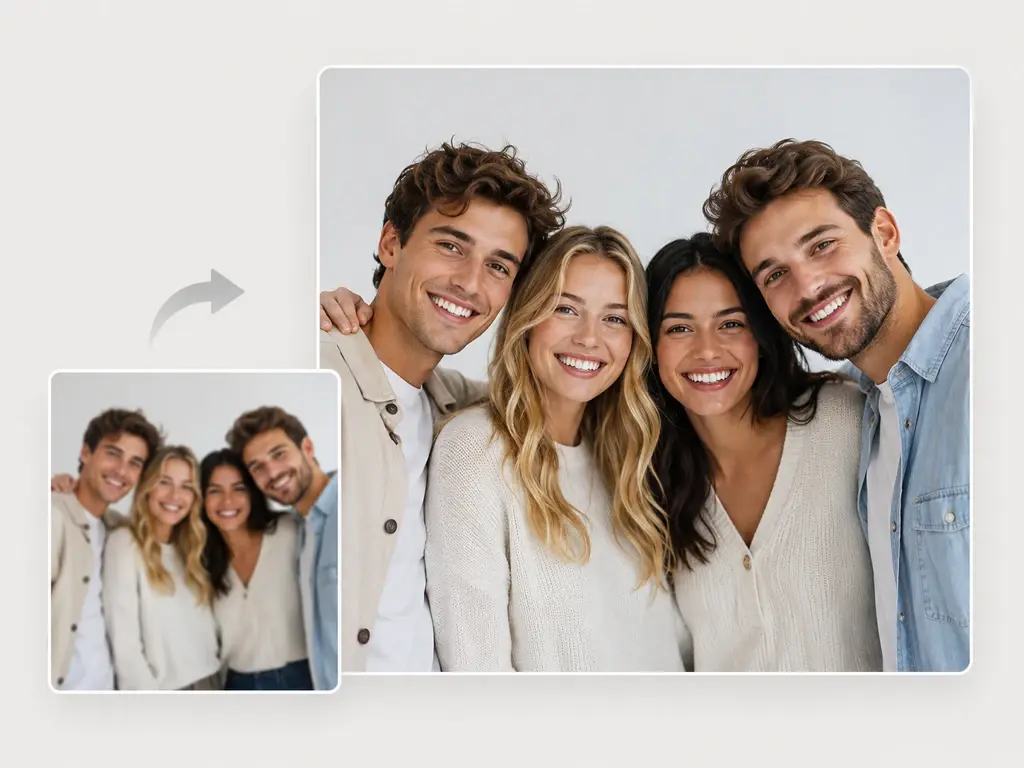 Group photo with three faces, soft on the left, recovered eyes and hairlines on the right