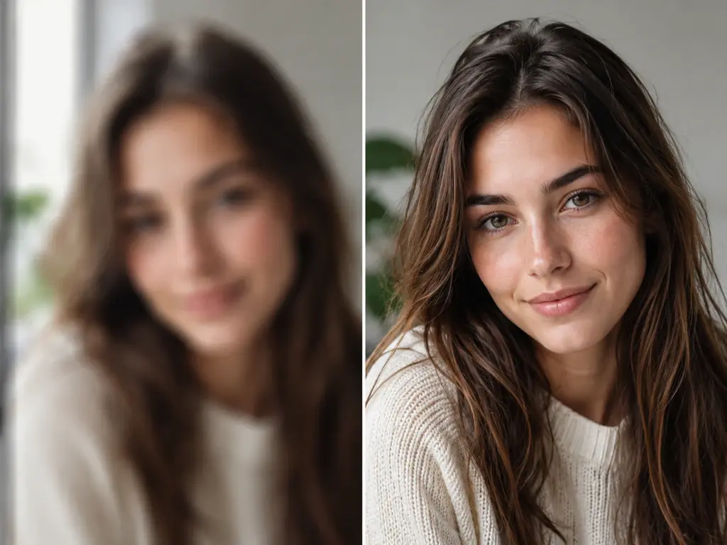 Blurry portrait beside the same face rebuilt with sharper eyes, lashes, and skin texture