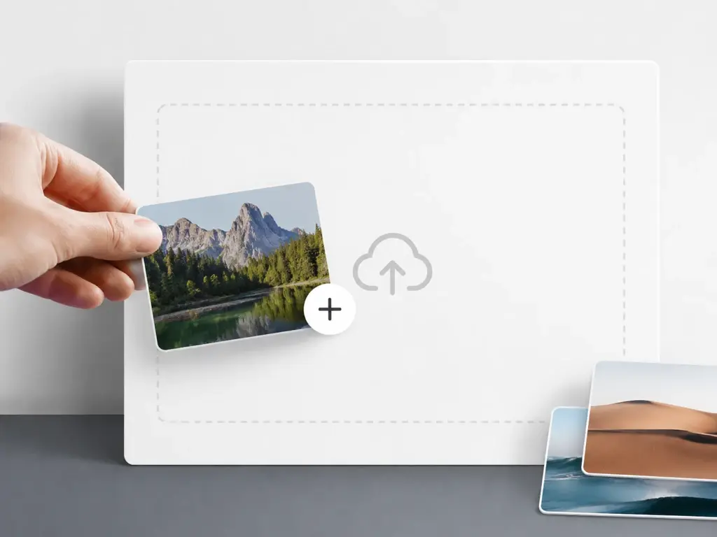 Browser upload canvas with three JPG and PNG thumbnails dropped in a queue