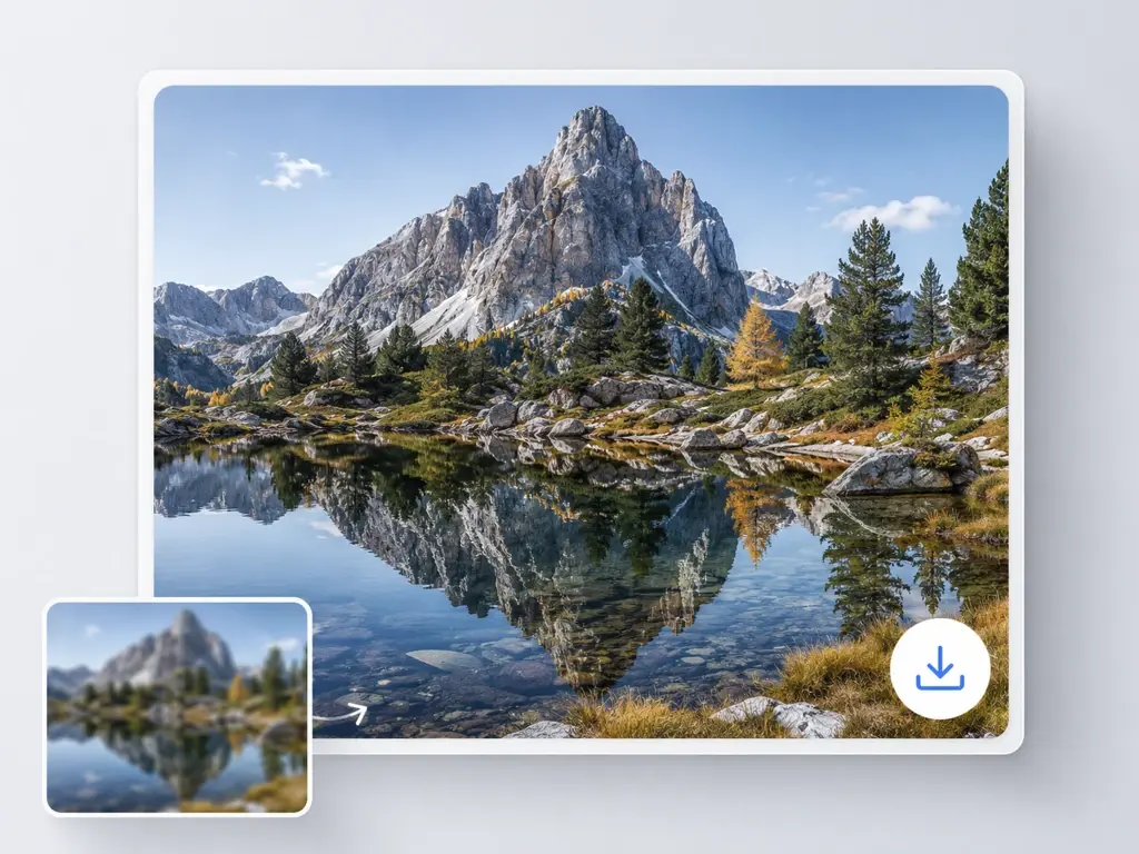 Before and after slider over a landscape with a download button for the 8K file