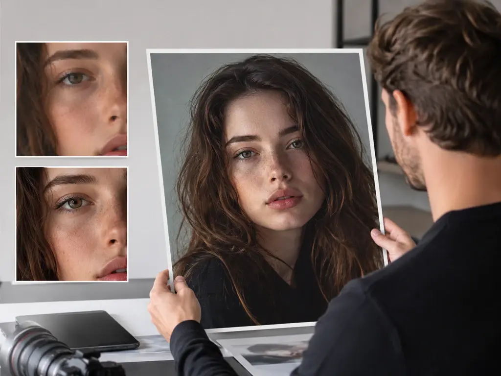 Photographer reviewing a portrait upscaled to 8K for a large gallery print