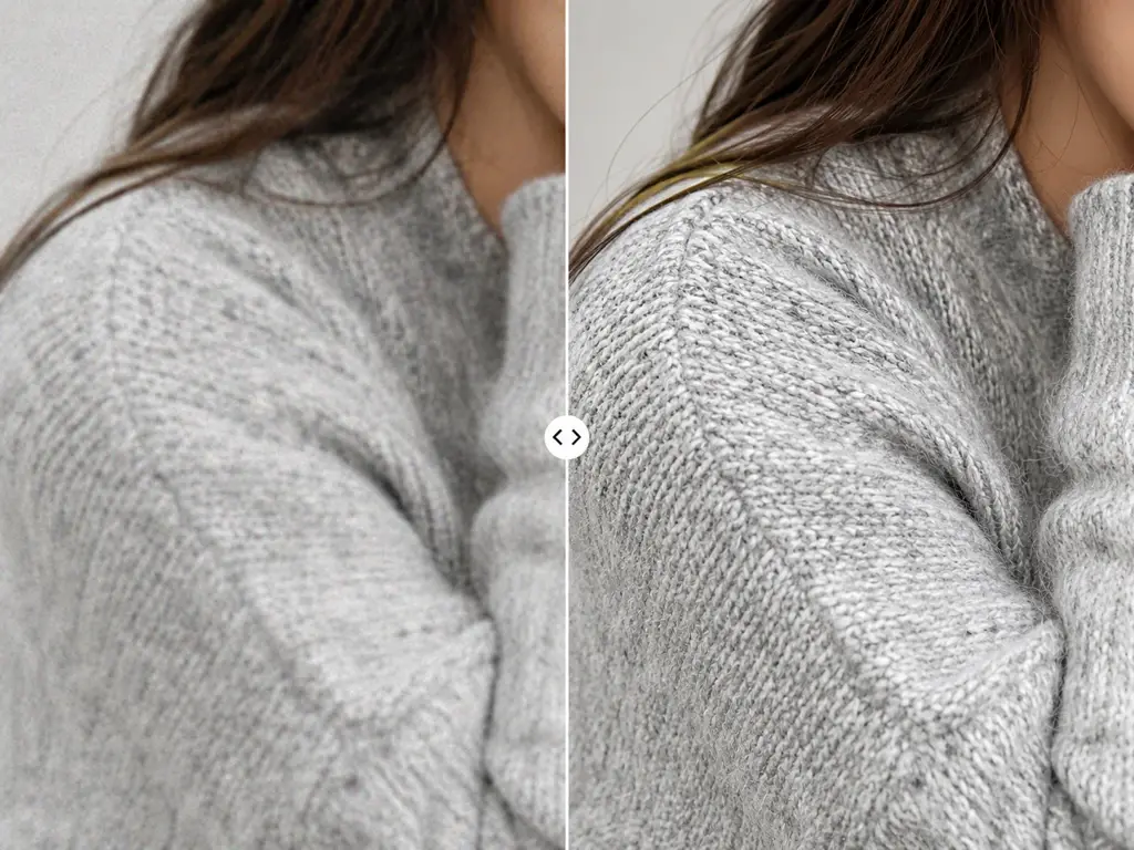 Close up of fabric and skin texture rebuilt with real detail and denoise instead of smooth blur