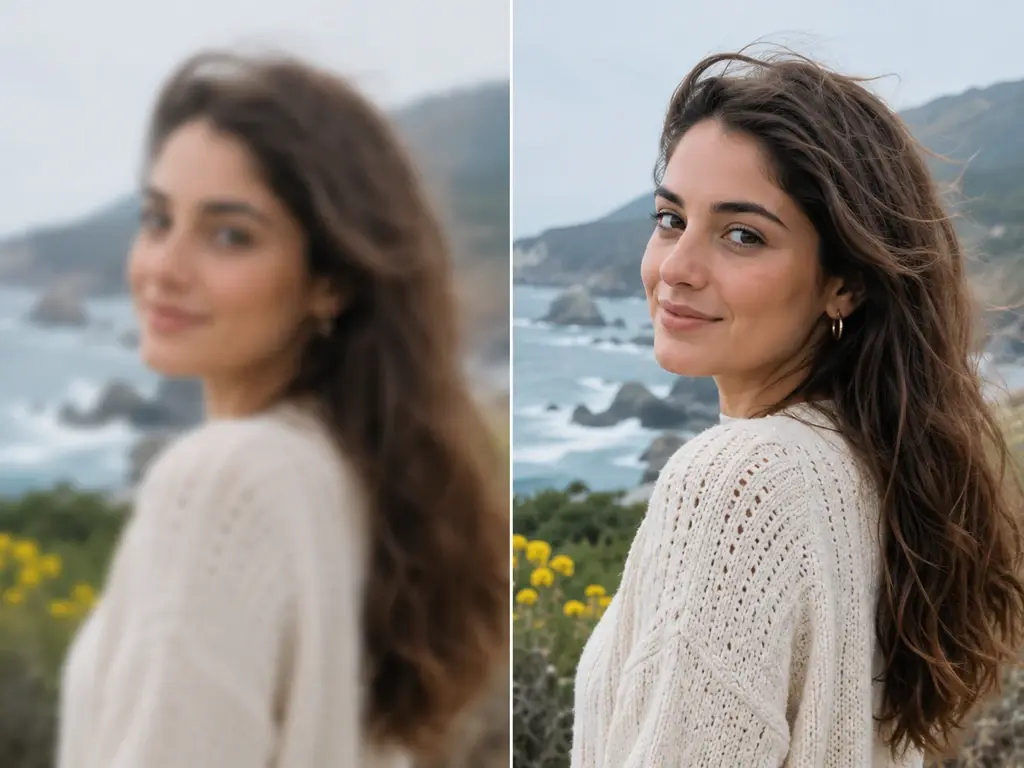 Blurry low resolution photo beside a sharp 8K version rebuilt by UpscaleAI image upscaler