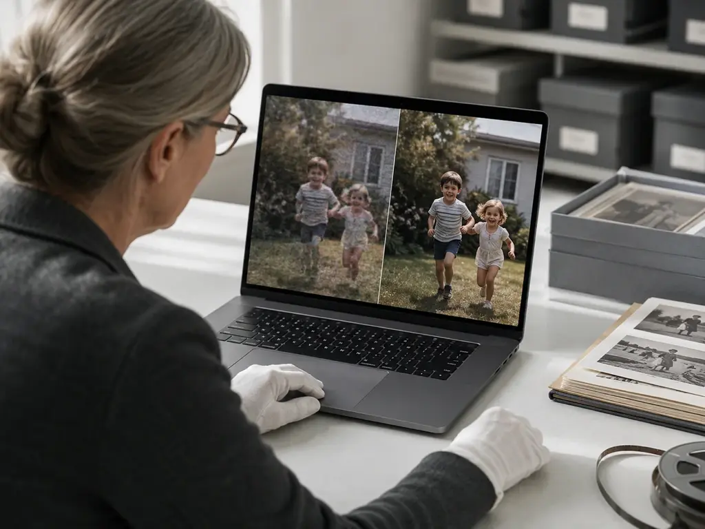 A person restoring aging home tape footage into a clearer archived copy