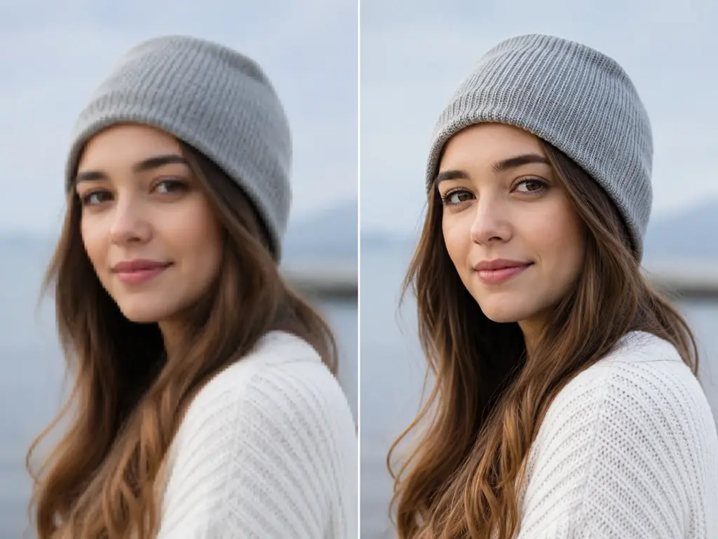A 720p clip beside a 4k video upscaler result with sharper faces and edges