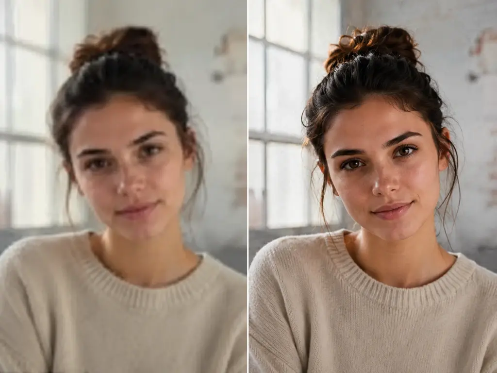 A soft washed out frame next to a cleaner one from the video quality enhancer