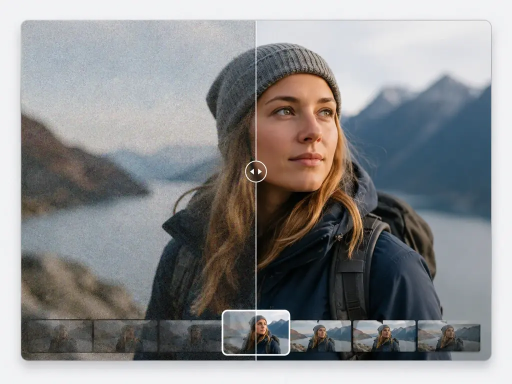 A noisy grainy frame beside a clean result from the video denoiser pass