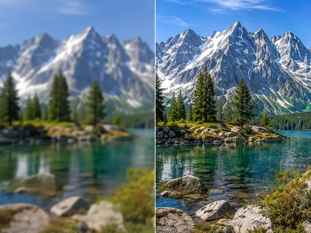 A blurry 720p home clip beside a sharper 4K frame after the UpscaleAI video enhancer